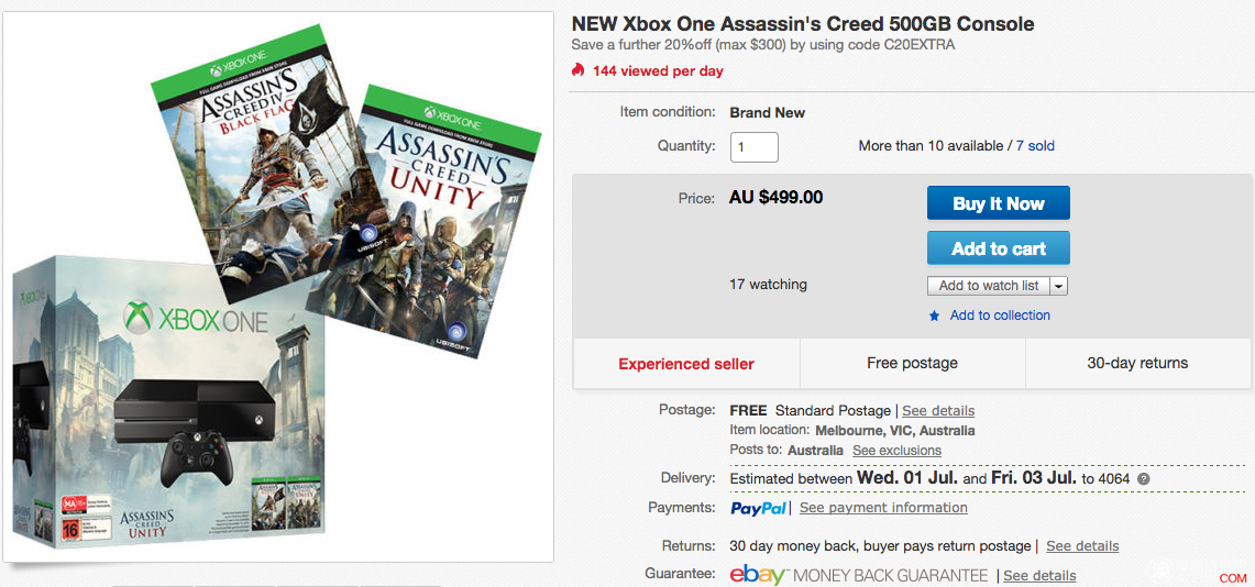 Ebay 部分商家20%OFF，Xbox One 原价$499，使用折扣码后只要$399！