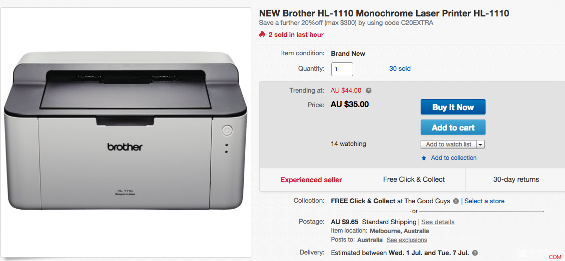 Brother HL-1110 单色激光打印机，原价$35，使用折扣码后只要$28！