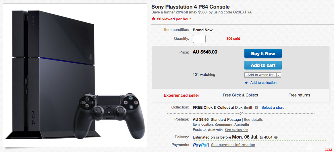 Ebay 部分商家20%OFF，索尼Play Station 4 使用折扣码后只要$448！