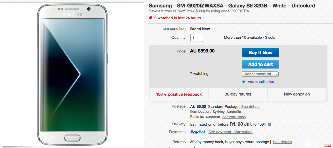 三星 Galaxy S6 32GB 原价$899，使用折扣码后只要$724!