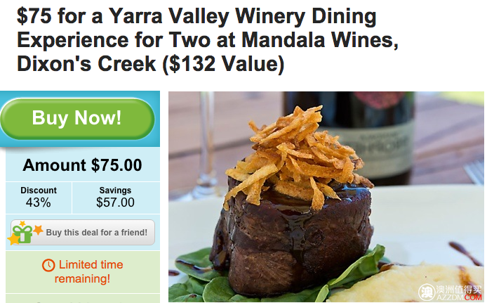 Yarra Valley酒庄内，价值$132的红酒两人晚餐，团购价只要$75！
