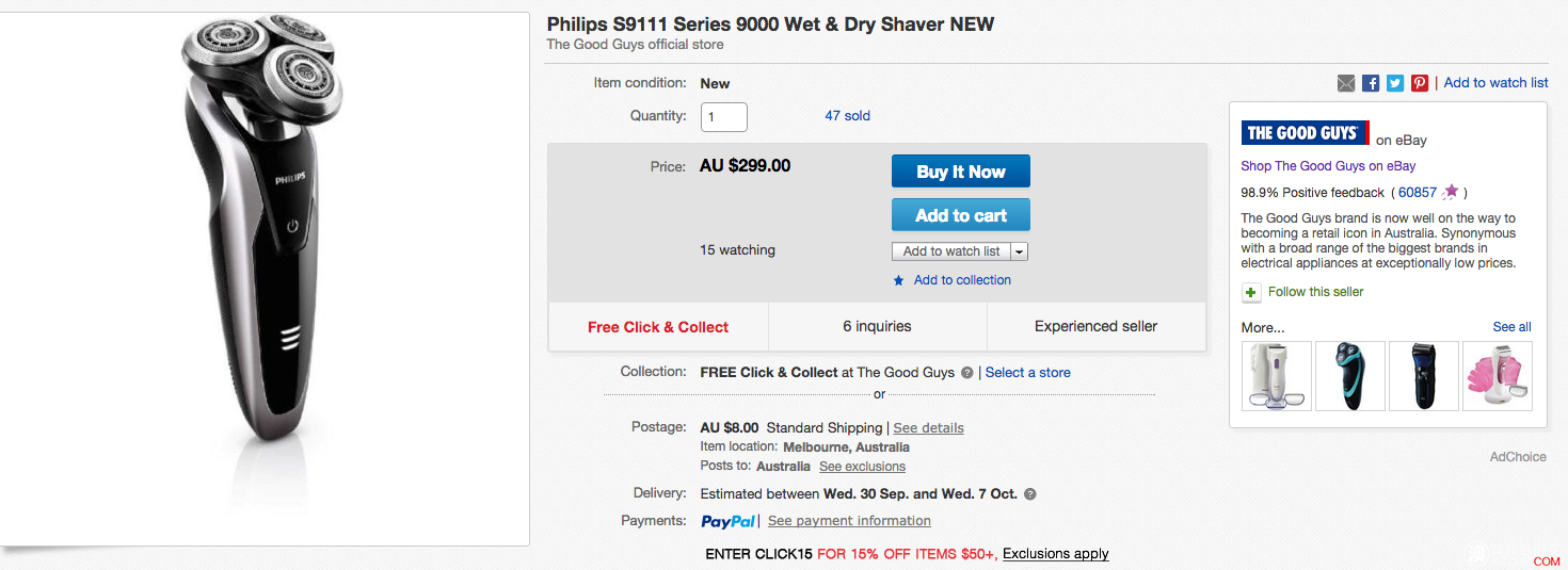 Philips 9000系列，S9111全身水洗电动剃须刀 原价9，使用折扣码后可减15%
