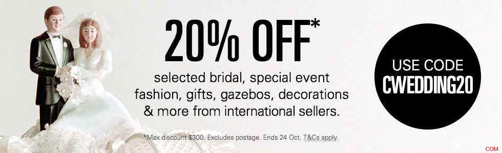 ebay AU 海外商家的婚纱、西服、珠宝饰品、相机等商品 20%OFF！