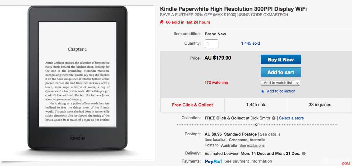 Kindle Paperwhite 300PPI WiFi 版，原价$179，使用折扣码后可减20%, 现只要$143！