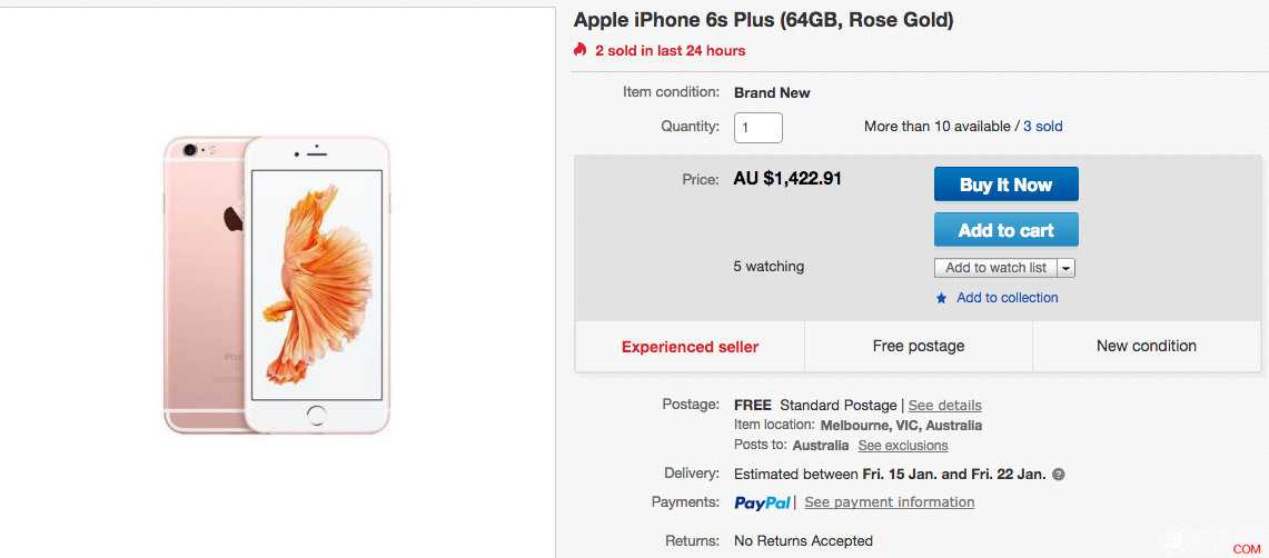 苹果 iPhone6s Plus 64GB 玫瑰金，Kogan Ebay 店售价22.91