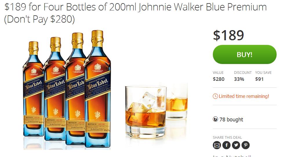 Johnnie Walker蓝标威士忌4瓶 只要9！
