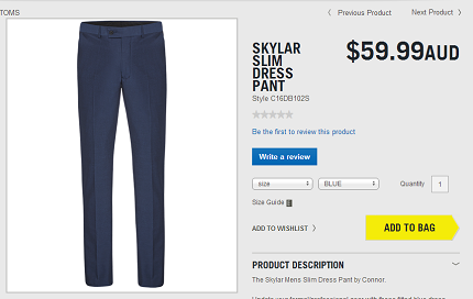 SKYLAR男士蓝色修身西装裤  现价：$59.99AUD