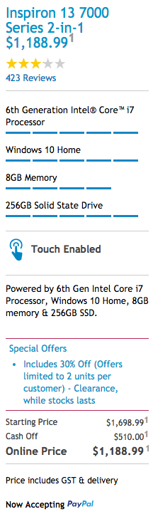 Dell/戴尔 Inspiron 13 7000系列二合一笔记本 i7/8GB/256GB SSD  现价88.99！