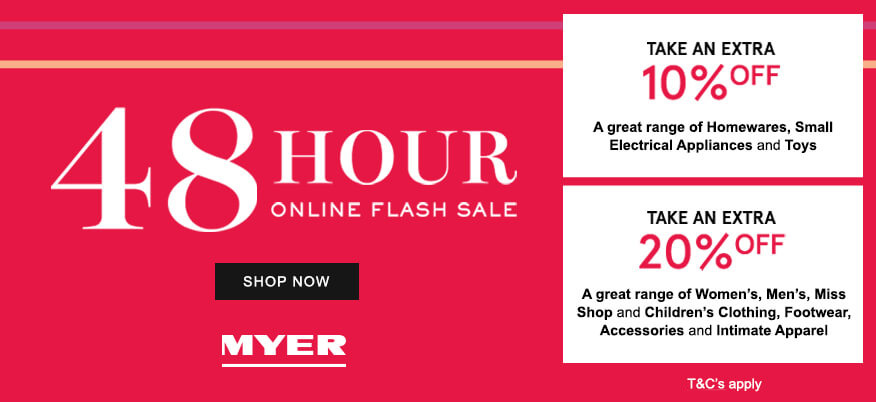 Myer eBay店：时尚类商品额外八折！家庭用品及小家电额外九折优惠！