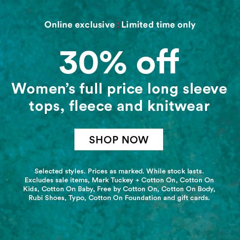 澳洲品牌 Cotton On：女子全价长袖上衣、卫衣、毛衣 七折优惠！