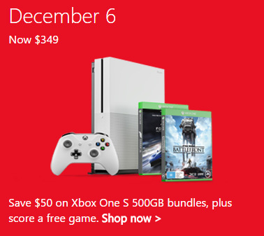 微软澳洲官网圣诞季特惠活动第二天：购买 Xbox One S 500GB游戏主机 立减50刀 只要$349！并免费送游戏一份！