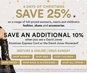 David Jones 圣诞季活动：男女全价时尚服饰、鞋子、配饰等 75折优惠！