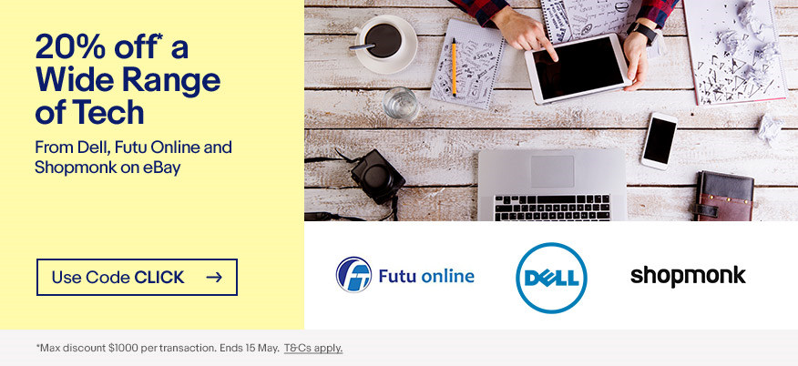 eBay 澳洲电子产品特卖：Dell、Futu Online 等多个商家店内所有商品额外8折优惠！