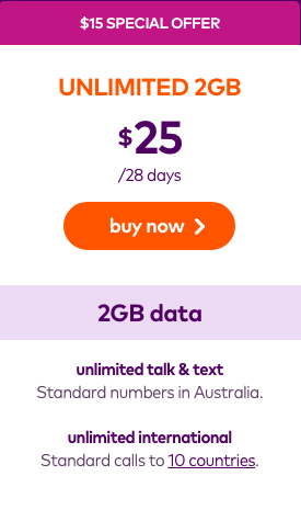 Amaysim Prepaid 套餐：无限制拨打澳洲境内及打回国的国际长途 + 2GB流量 新用户注册前半年每月只要$15！