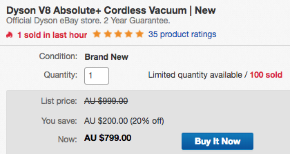戴森 Dyson 官方 eBay 店：V8 Absolute 系列高端无线手持式吸尘器 低至7折优惠！超值价格！