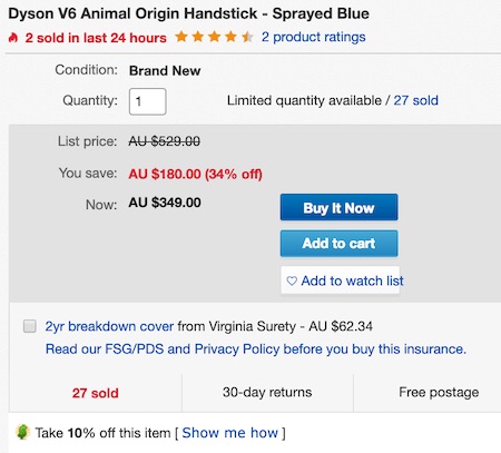Dyson 戴森 V6 Animal Origin Handstick 无线手持式吸尘器 蓝色款 - 6折优惠！