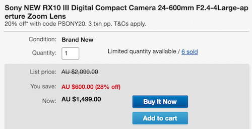 索尼 Sony RX10 III DSC-RX10M3 1英寸长焦黑卡数码相机 （蔡司24-600mm镜头 4K视频）- 6折优惠！