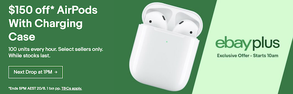 [eBay Plus 会员] 苹果 Apple AirPods 第二代 真无线耳机 无线充电盒款– 5折优惠！