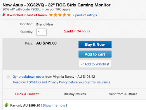 ASUS 华硕 ROG Strix XG32VQ 31.5寸 曲面电竞显示器（2560×1440、144Hz、FreeSync）- 8折优惠！