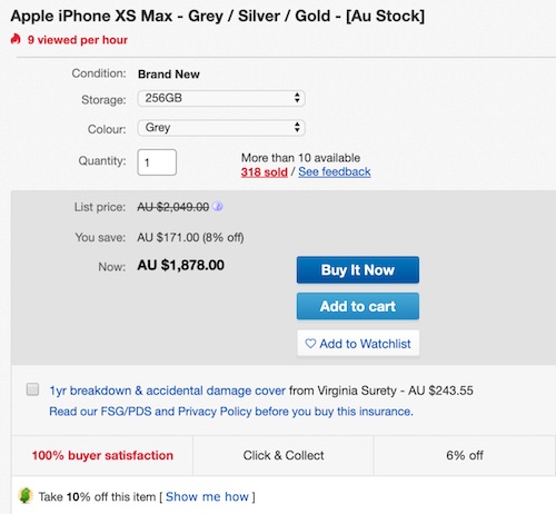[Au Stock] 苹果 Apple iPhone XS 智能手机 灰色款 - 9折优惠！