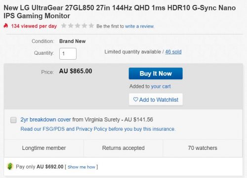LG UltraGear 27GL850 电竞显示器 72折优惠
