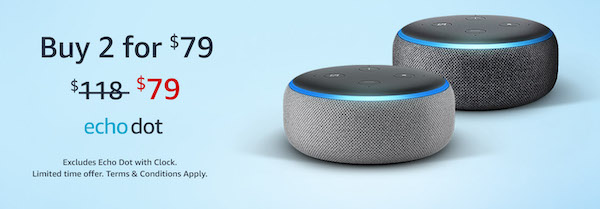 Amazon 亚马逊 Echo Dot(3rd Gen)  智能语音助手*2 – 66折优惠！