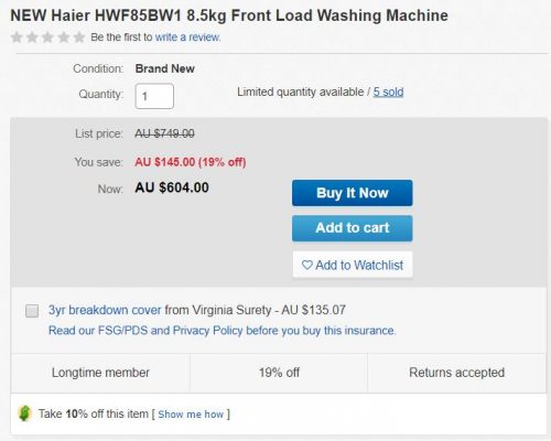 Haier  海尔 HWF85BW 洗衣机 73折优惠