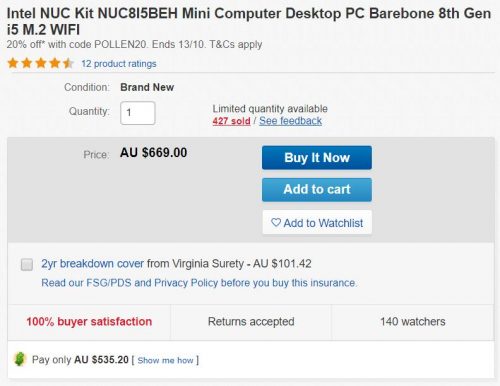 Intel NUC8I5BEH 迷你电脑 8折优惠