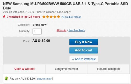 Samsung 三星 MU-PA500B/WW 移动硬盘- 500GB、USB 3.1 & Type-C  8折优惠