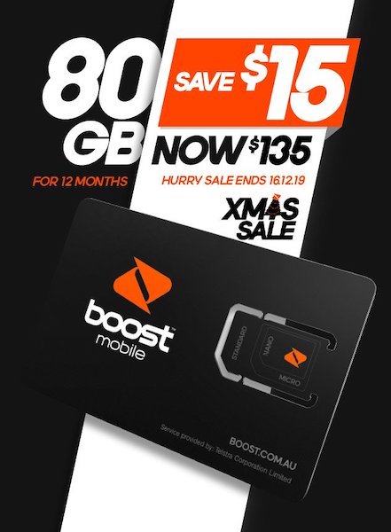 Boost Mobile 一年期的 Unlimited Prepaid 套餐：澳洲境内及国际长途不限量拨打 + 80GB流量 – 9折优惠！