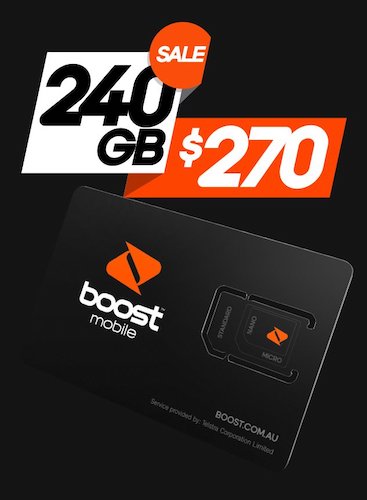 Boost Mobile 一年期的 Unlimited Prepaid 套餐：澳洲及国际长途不限量 + 240GB流量 – 9折优惠！