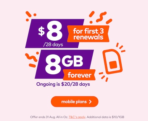 Amaysim Prepaid 套餐：Unlimited talk + 8GB流量 – 前三次续费每月只要$8！