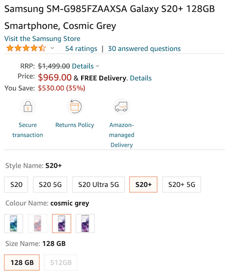 Samsung 三星 Galaxy S20+ 智能手机 128GB – 65折优惠！