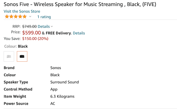 Sonos Five 家用智能音响系统 无线Wifi音箱 - 8折优惠！