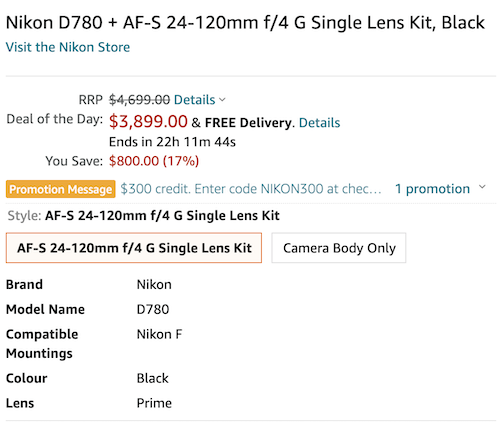 尼康 Nikon D780 专业级单反相机 全画幅套机 + AF-S 24-120mm f/4 G 单反镜头套装 - 8折优惠！
