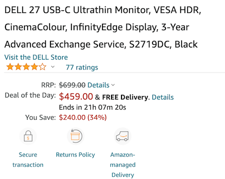Dell 戴尔 S2719DC 27寸显示器（2K、HDR、600nit）- 66折优惠！