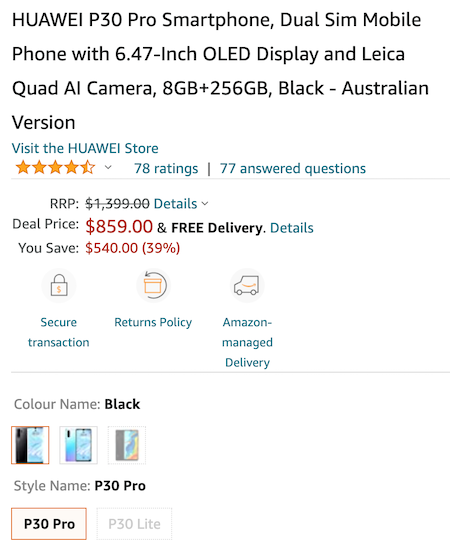 Huawei 华为 P30 Pro 双4G 智能手机 8+256GB版 – 6折优惠！