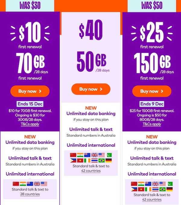 Amaysim Prepaid 套餐：Unlimited Talk（包括国际长途）+ 30GB流量 – 新用户可立减20刀！