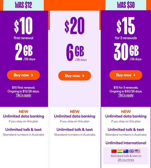 Amaysim Prepaid 套餐：Unlimited talk + 30GB流量 – 前三次续费每月只要$15！
