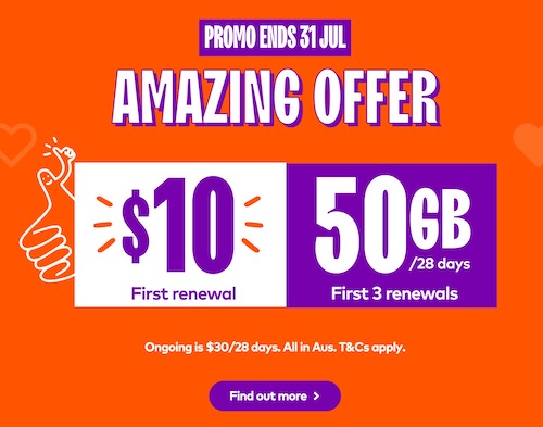 Amaysim Prepaid 套餐：Unlimited Talk + 50GB流量 – 首月只要$10！