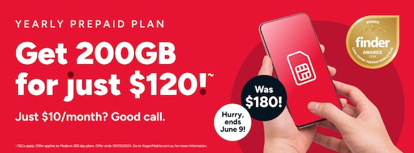 Kogan Mobile 一年期预付电话卡 200GB流量套餐 – 7折优惠！