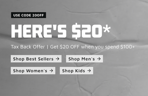 运动产品网站 Foot Locker 满减活动：购物满$100 – 立减$20！