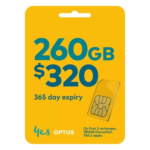 Optus 长有效期 Prepaid 套餐：Unlimited 电话短信 + 260GB 365天有效期 – 7折优惠！