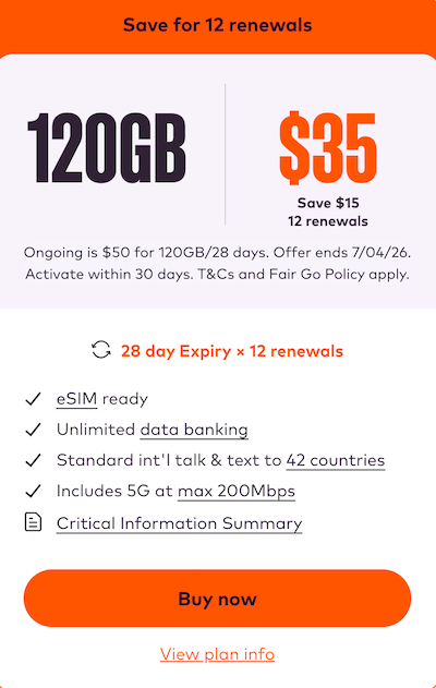 Amaysim Prepaid 套餐：无限通话及国际长途 + 120GB流量 – 7折优惠！