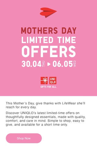 优衣库 UNIQLO 澳洲官网母亲节活动：部分精选商品 – 低至5折优惠！