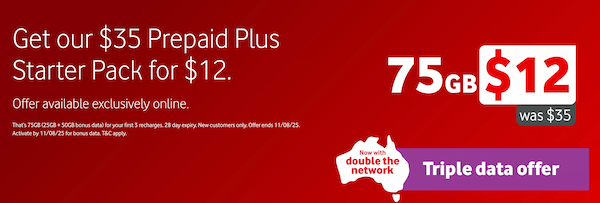 Vodafone Prepaid Plus 套餐：无限通话 + 150GB流量 – 首月只要：$20！