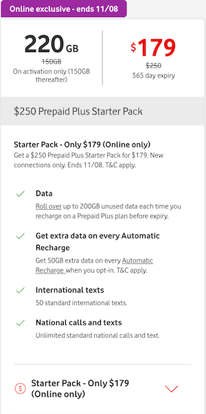 Vodafone 365天 Prepaid Plus 套餐：无限通话 + 220GB流量 – 7折优惠！
